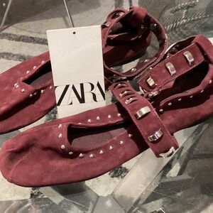 Zara Suede Burgundy Studded Women's Ballet Flats